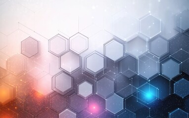 Abstract futuristic background with connected hexagonal shapes in soft gradient colors blending warm orange and cool blue tones creating a sense of technology and innovation