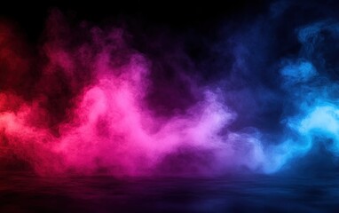 Vibrant red, pink, purple, and blue smoke or mist swirling against a dark background creating a dynamic and mysterious atmosphere
