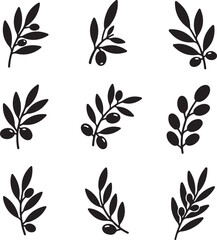 Olive Branch Illustrations: A collection of stylized olive branches, each elegantly drawn with leaves and fruit, offering a versatile element for design projects.