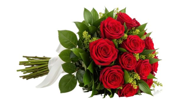 Luxurious Deep Red Rose Bouquet with Green Foliage and White Ribbon Isolated on White