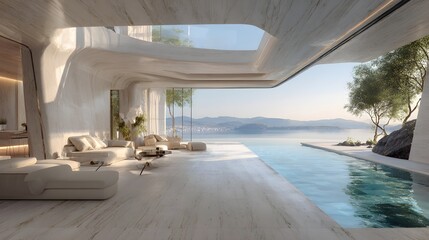 Fototapeta premium Modern Seaview Poolvilla Minimalist Onyx Swiss Style Vibrant Accents Crisp Details Elegant Design Luxurious Ambiance Sophisticated Appeal (AI-Generated)