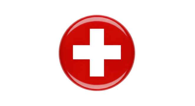 Red cross vector icon. Glossy first aid or medical symbol button isolated on white background.