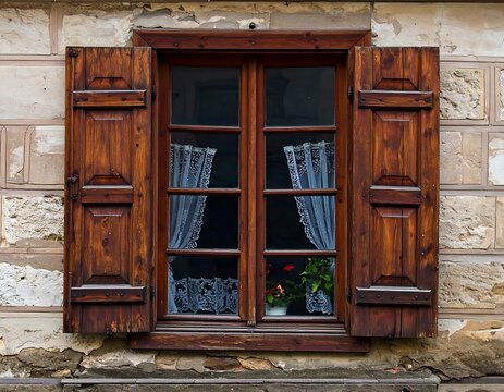 Old wooden window with shutters and lace curtains - Powered by Adobe