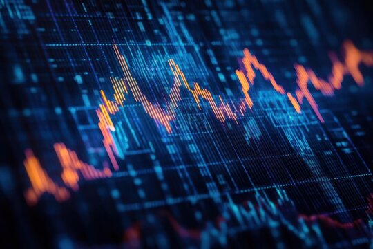 Digital financial graph with fluctuating orange and purple lines on a blue grid background representing stock market trends or data analysis - Powered by Adobe