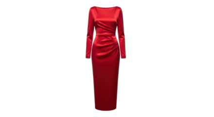 Elegant Red Satin Floor Length Gown with Long Sleeves and Draped Waist Product Shot