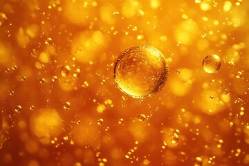 Close-up of golden bubbles suspended in liquid creating a shimmering effect with glowing light and warm amber tones