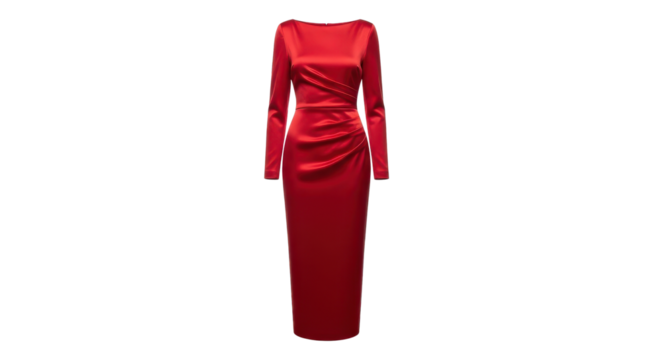 Elegant Red Satin Floor Length Gown with Long Sleeves and Draped Waist Product Shot