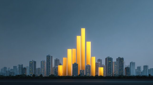 Urban skyline at twilight showcasing illuminated yellow bars resembling graph structures, symbolizing growth and innovation against a darkening sky, modern architecture