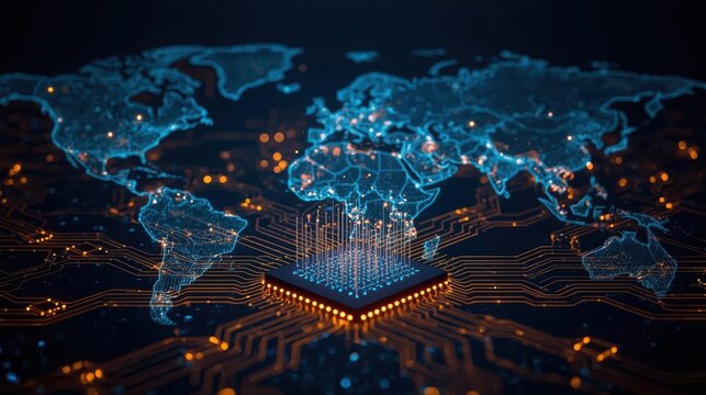 Global Digital Network Infrastructure with Central Processing Unit on Circuit Board