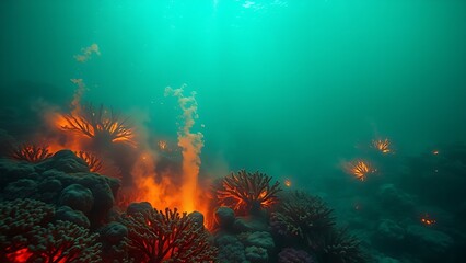 A terrifyingly beautiful underwater scene where the coral reef is consumed by an acidic neon-green and orange haze.