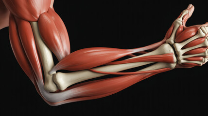 Detailed anatomical illustration of the human arm muscles and bones showing the bicep tricep and forearm anatomy in a realistic 3d render