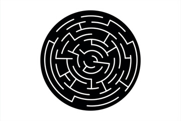 Black and white circular maze graphic with intricate pathways and a central target labyrinth round