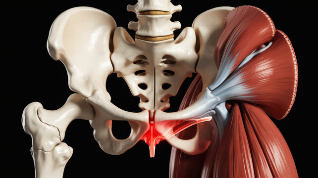 Anatomical illustration of the human pelvis and hip joint showcasing muscles ligaments and skeletal structures with a highlighted area of pain or injury