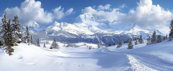 Snow covered mountain landscape with towering peaks under partly cloudy blue sky and snow blanketing pine trees and ground, evoking serene winter beauty