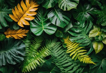 Tropical leaf arrangement. Lush, vibrant green and gold foliage