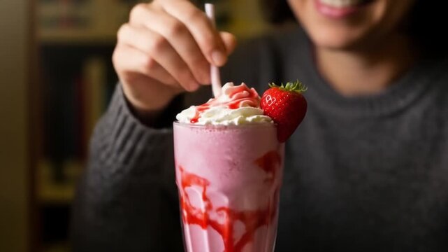 Enjoying a strawberry milkshake delight