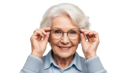 Elderly woman with glasses smiling isolated on transparent background