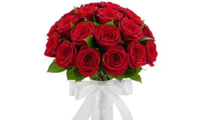 Red rose bouquet tied with white ribbon isolated PNG with Transparent Background