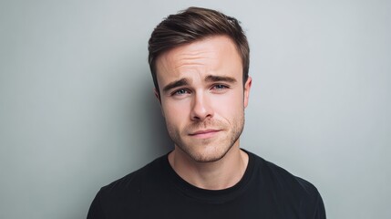 Fototapeta premium Portrait of a young man with a confident expression, wearing a simple black t-shirt against a neutral backdrop, showcasing charm and approachability in a modern setting.