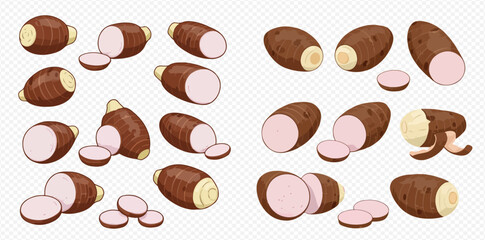 Various illustrations of whole, sliced, and partially peeled taro roots with brown skin and light purple flesh.