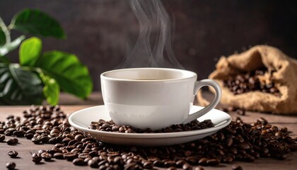 A white cup of steaming coffee placed on a saucer, surrounded by a pile of coffee beans
