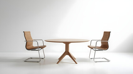A minimalist meeting room with two chairs and a simple wooden table, emphasizing simplicity and professional elegance in the workspace.