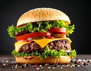 Close-up of a juicy, piled-high hamburger