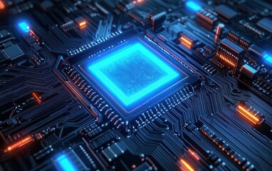 Fototapeta premium Close-up of a glowing blue microchip on a black circuit board surrounded by intricate copper pathways and small orange and blue lights emitting a futuristic tech vibe