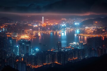Nighttime panoramic cityscape with illuminated skyscrapers surrounding a calm harbor and reflecting vibrant lights under a cloudy sky