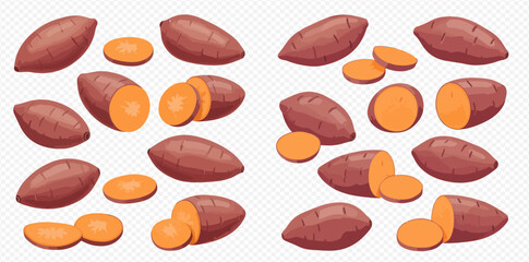 Illustration of whole and sliced sweet potatoes on a transparent background.