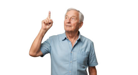 Senior man pointing upwards with index finger, isolated on transparent background