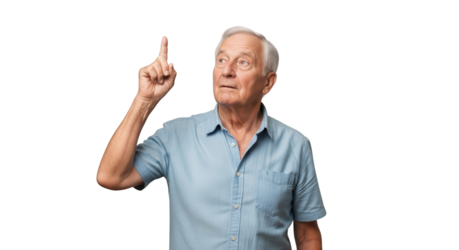Senior man pointing upwards with index finger, isolated on transparent background