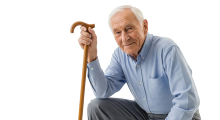 Elderly man with a cane, posing and smiling, isolated on transparent background