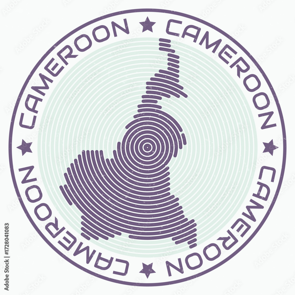 Poster cameroon map with round title. country shape rings. cameroon text around the country boundary shape.