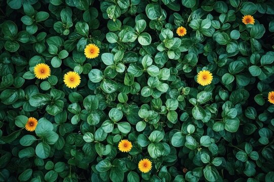 Dense cluster of vibrant green leaves interspersed with small bright yellow flowers creating a fresh and lively natural pattern - Powered by Adobe
