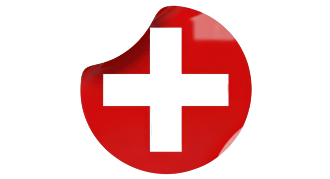 Glossy 3D Red and White Swiss Cross Sticker or Medical Aid Symbol Isolated