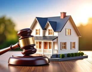 A wooden gavel and a miniature house on a table against a backdrop of a sunlit landscape
