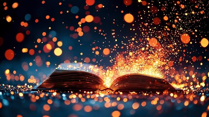 An open book emitting bursts of glowing golden light and sparkles