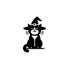 Whimsical Black Cat in Witch Hat Spooky Halloween