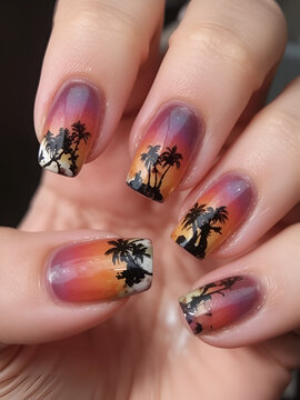 Sunset palm tree nail art design. (1)