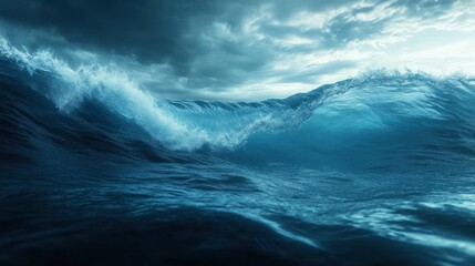 Powerful and turbulent ocean waves under dramatic cloudy sky conveying the force of nature and dynamic energy of the sea