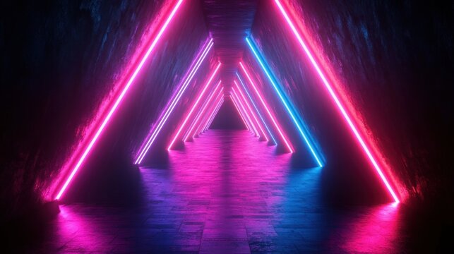 Futuristic triangular tunnel illuminated by pink and blue neon lights creating a vibrant and glowing pathway with reflective floor surface