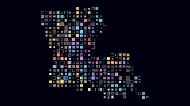 Louisiana animation. Shape of the state with pulsating colored dots. Large size square blocks. Digital style map on dark background. Creative video.
