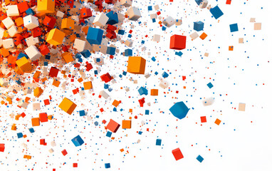 Abstract cubes disintegrating into pixels forming a digital fragmentation effect isolated on transparent background PNG