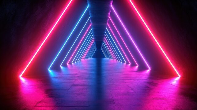 Dark tunnel with glowing triangular neon lights in blue and pink colors creating a futuristic and vibrant atmosphere