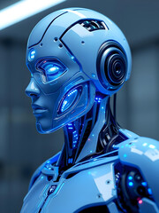 Futuristic humanoid robot with transparent skin panels glowing with neon blue circuits, showcasing advanced cybernetic anatomy and intelligent design.