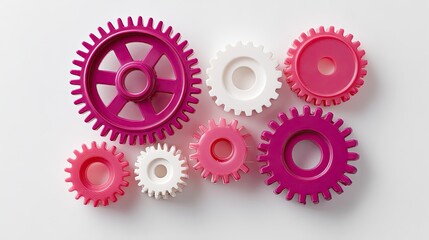 Colorful Plastic Gears in Vibrant Pink and White Arrangement on a Light Background for Creative Design Concepts