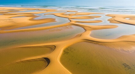 Aerial view of tidal patterns on a sandy beach showcases the dynamic interplay of water and land, creating a mesmerizing coastal landscape with serene beauty
