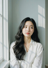 Contemplative Portrait: A woman exudes serenity and introspection, gracefully posed beside a window, her gaze lost in thought. The image captures an air of thoughtfulness.