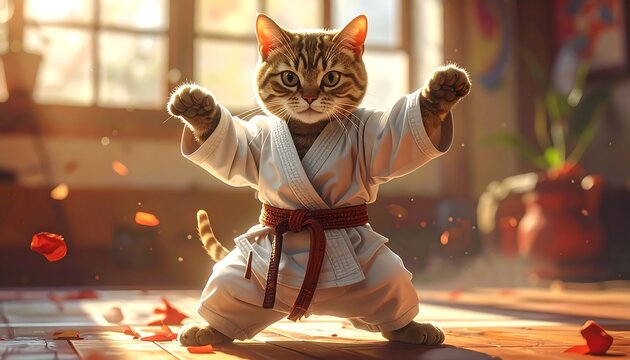 A tabby cat in a karate gi, striking a fighting pose in a sunlit dojo - Powered by Adobe